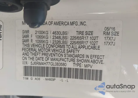 2016 Honda Cr-V Ex-L z USA, uszkodzony, nr VIN 5J6RM4H77GL083580